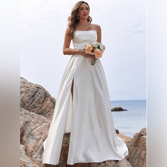 White Modern Wedding Dress Gown Satin Simple A line corset size 4 6 8 10 - Picture 5 of 8